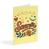 Tarjeta postal de amistad espiritual con diseno alegre de corazones, estrellas y flores