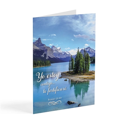Tarjeta postal cristiana de consuelo con lago, montanas nevadas y pensamiento basado en Isaias 41:10