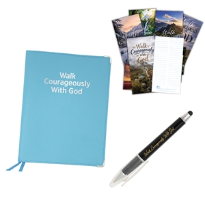 Leatherette study bundle for the 'Walk Courageously With God' book with embossed cover, themed pen, and bookmarks