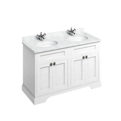 Burlington 130cm Furniture Unit Carrara White Worktop, Doors & Two Basins