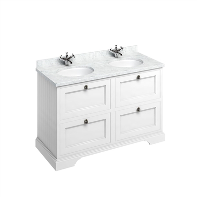 Burlington 130cm Furniture Unit Carrara White Worktop, Drawers & Two Basins