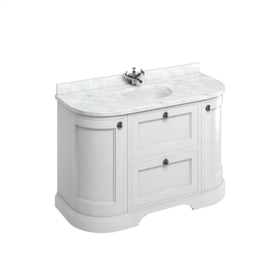 Burlington 134cm Curved Furniture Unit with Carrara White Worktop, Drawers & Basin