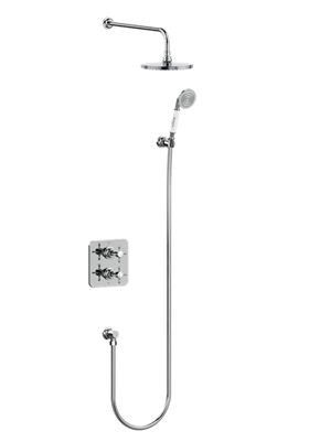 Burlington Guild Square Thermostatic Dual Outlet Concealed Divertor Shower Valve, Fixed Shower Arm & Head, Holder & Handset with Hose & Outlet Elbow