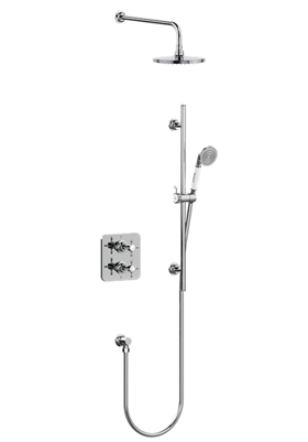 Burlington Guild Square Thermostatic Dual Outlet Concealed Divertor Shower Valve Fixed Shower Arm & Head, Rail, Hose, Handset & Outlet Elbow