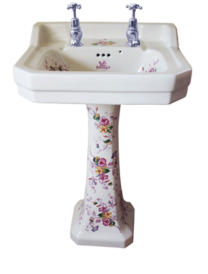 White Multicoloured Floral Basin with Pedestal