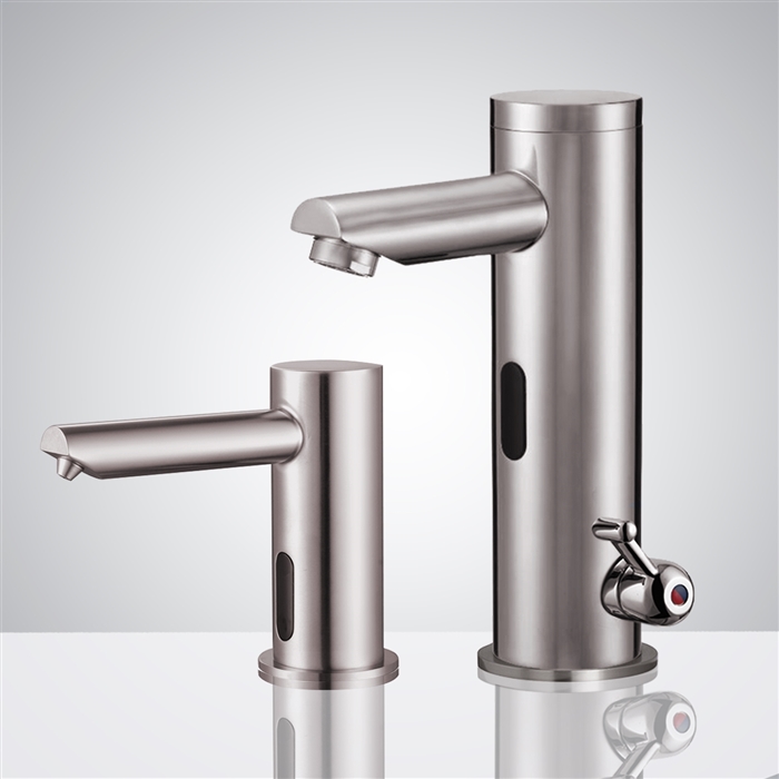 Munich Hostelry Thermostatic Sensor Faucet & Automatic Soap Dispenser For Restrooms In Brushed Nickel