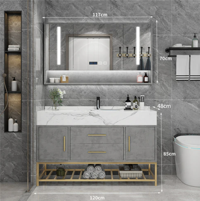 Bathselect Customizable Marble Light Luxury Bathroom Cabinet Set With Smart Minimalist Mirror Cabinet Toilet Storage