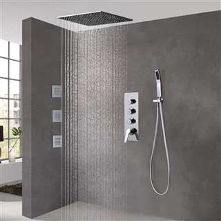 BathSelect Brushed Nickel Ceiling Mount Rainfall Shower Set With Thermostat Mixer Jet Spray and Handshower