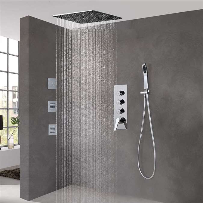 BathSelect Brushed Nickel Ceiling Mount Rainfall Shower Set With Thermostat Mixer Jet Spray and Handshower