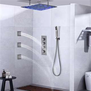 Hotel Ceiling LED Shower Set Thermostatic Valve Brushed Nickel Wall Mount with Jets Spray & Handshower