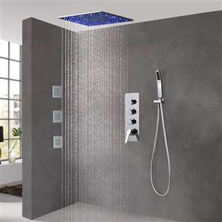 BathSelect Hotel Brushed Nickel Ceiling Mount LED Rainfall Shower Set With Thermostat Mixer Jet Spray and Handshower