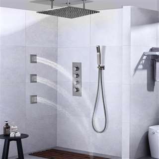 Ceiling Shower Set Thermostatic Valve Brushed Nickel Wall Mount with Jets Spray & Handshower