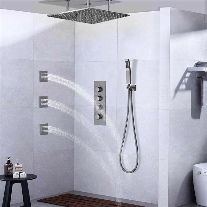 Ceiling Shower Set Thermostatic Valve Brushed Nickel Wall Mount with Jets Spray & Handshower