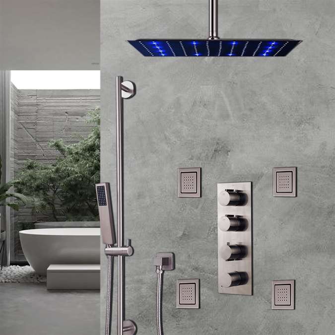 BathSelect Brushed Nickel Ceiling Mount LED Rainfall Shower Set With Thermostat Mixer Jet Spray and Slidebar Handshower