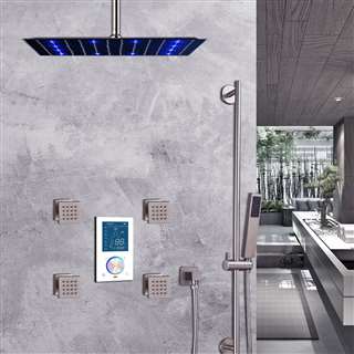 BathSelect Brushed Nickel Ceiling Mount LED Rainfall Shower Set With Thermostat Mixer Jet Spray and Slidebar Handshower