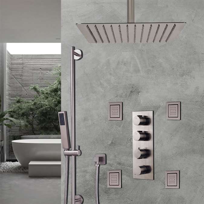 BathSelect Brushed Nickel Ceiling Mount Rainfall Shower Set With Thermostat Mixer Jet Spray and Slidebar Handshower