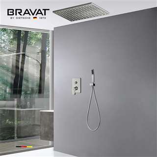 Hotel Bravat Ceiling Shower Set Thermostatic Valve Brushed Nickel Wall Mount with Handshower