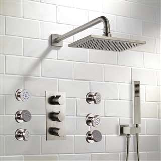 Hotel Brushed Nickel Shower with Adjustable Body Jets and Mixer-Wall Mount Style
