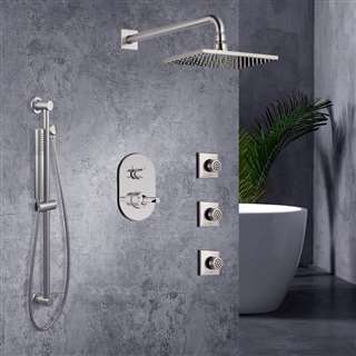 square wall shower with jet spray and handshower slide bar and valve