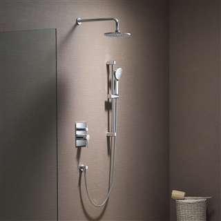 brushed nickel wall mounted round shower with handshower and dual controller  Dual Controller