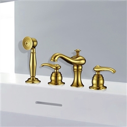 Gold Finish Dual Handle Widespread Bathroom Tub Faucet with Handheld Shower Head