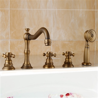 Bona Antique Look Deck Mount Triple Handle Bathtub Faucet Mixer Tap with Handheld Shower