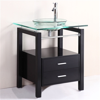 Prima 28 inch Tempered Clear Glass Bowl vessel Sink & wood Vanity with Matching Faucet