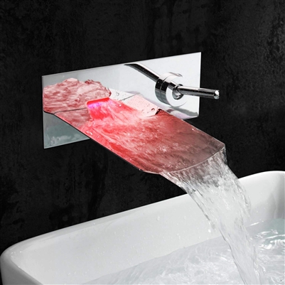 Contemporary Wall Mount LED Water Fall Nickle Brushed Solid Brass Faucet
