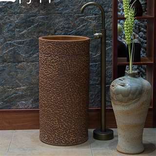Greenville Hotel Freestanding Pedestal Cylinder Ceramic Wash Bathroom Sink with Faucet in Brown Engraved Finish