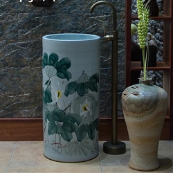Greenville Freestanding Pedestal Cylinder Ceramic Wash Bathroom Sink with Faucet in Blue Finish with Flower Painted Design
