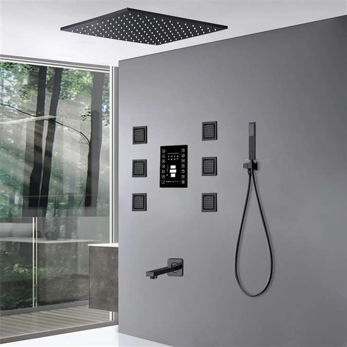 BathSelect Remote Controlled Musical Matte Black Complete Ceiling Shower System with Handheld Shower, 6 Body Jets and Tub Spout