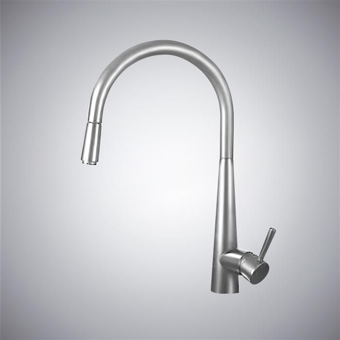 Bollnas High Arc Chrome Deck Mounted Pull Down Kitchen Faucet featuring a flexible spray head, single lever handle, and sleek modern design perfect for residential or commercial kitchens with a stylish, functional upgrade.