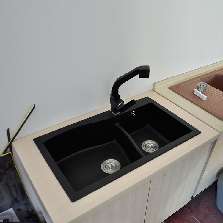 Creteil Artificial Stone Black Undermount Double Kitchen Sink