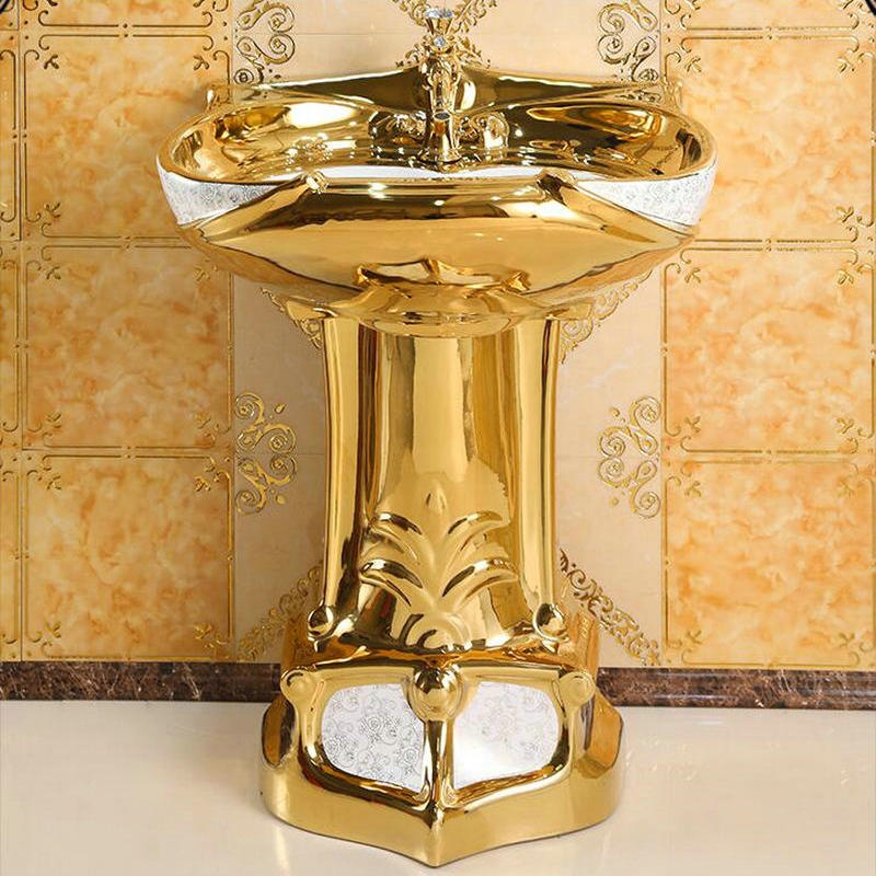 Dijon Mosaic Gold Vintage Luxurious Ceramic Pedestal Sink with Faucet