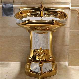 Hotel Geneva Mosaic Gold Vintage Luxurious Ceramic Pedestal Sink with Faucet in White and Gold