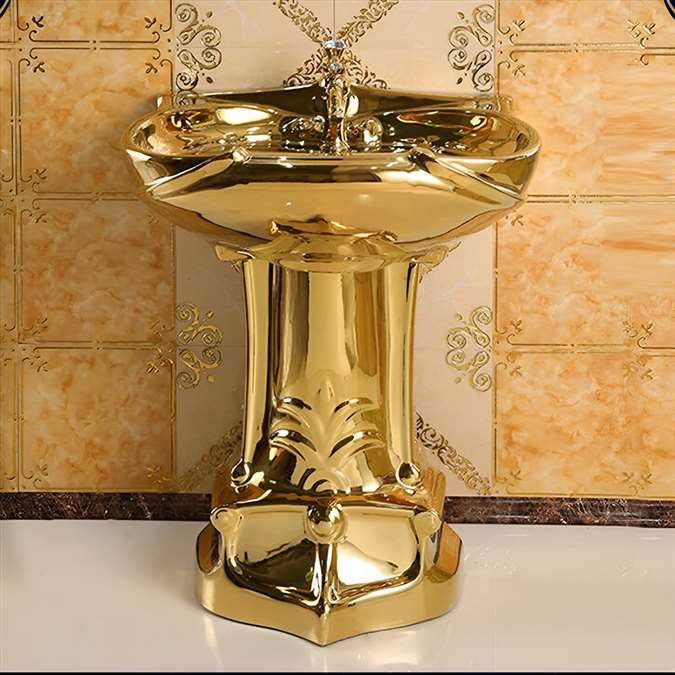 Creteil Gold Vintage Luxurious Ceramic Pedestal Sink with Faucet in Gold Finish