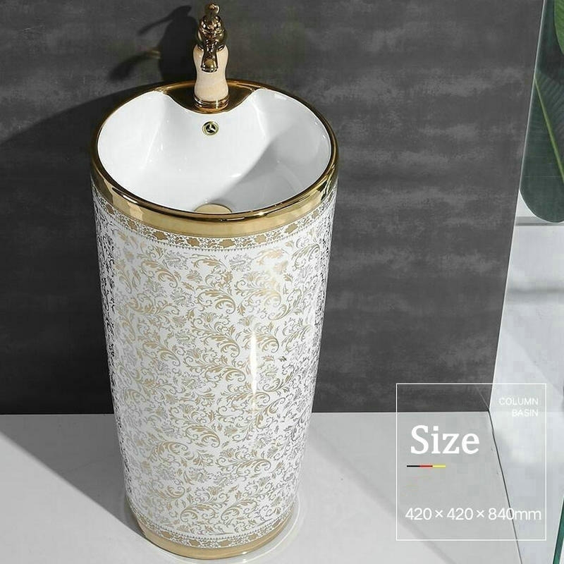 St. Gallen Round Pedestal Ceramic Bathroom Sink in White Gold Floral Pattern with Faucet