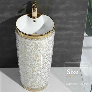 Hotel St. Gallen Round Pedestal Ceramic Bathroom Sink in White Gold Floral Pattern with Faucet