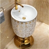 Hotel Deauville Cup Basin Round Pedestal Sink in White and Gold Floral Pattern Sink Only