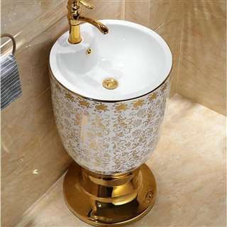 Hotel Deauville Cup Basin Round Pedestal Sink in White and Gold Floral Pattern Sink Only