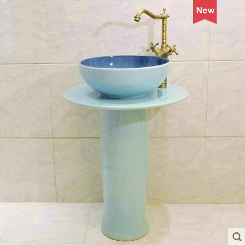 Chatou Light Blue Ceramic Bathroom Sink with Separate Counter and Pedestal