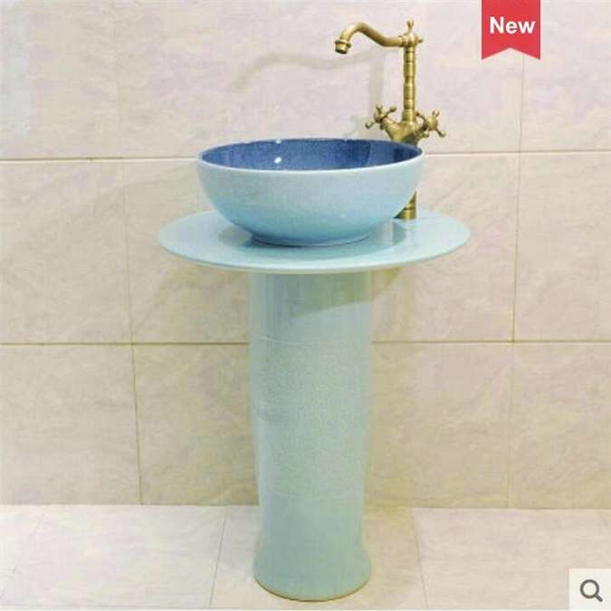 Hotel Chatou Light Blue Ceramic Bathroom Sink with Separate Counter and Pedestal