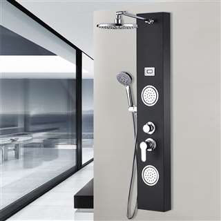 Bavaria Stainless Steel Rainfall Shower Panel Tower System, 9-inch Round Head Shower + 2 Body Massage Sprays + 3-Mode Hand Showerhead, Multi-Function Massage System with Temperature Display in Black