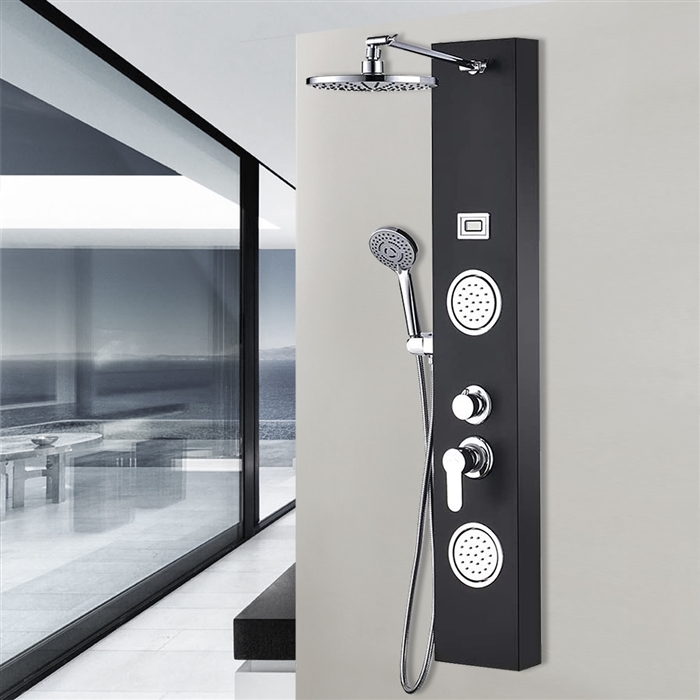 Hostelry Bavaria Stainless Steel Rainfall Shower Panel Tower System, 9-inch Round Head Shower + 2 Body Massage Sprays + 3-Mode Hand Showerhead, Multi-Function Massage System with Temperature Display in Black