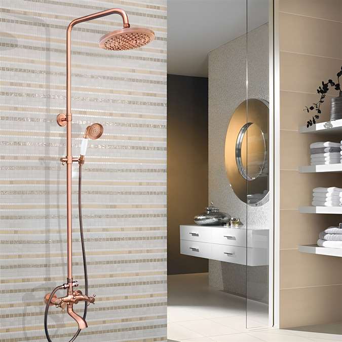 8" Round Rainfall Shower Set in Wall Mount and Handheld Shower in Rose Gold Finish