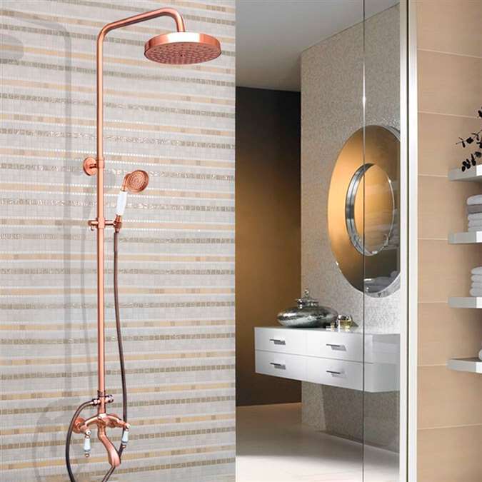 Wall Mount Bathroom Tub Faucet Shower Head with Hand Sprayer in Rose Gold