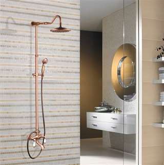 Hotel 8" Round Rose Gold Rainfall Bathroom Shower Head with Tub Faucet and Hand Sprayer Set