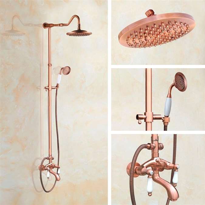 8inch Vintage Rose Gold Round Shower Head with Hand Shower and Tub Spout Mixer Set