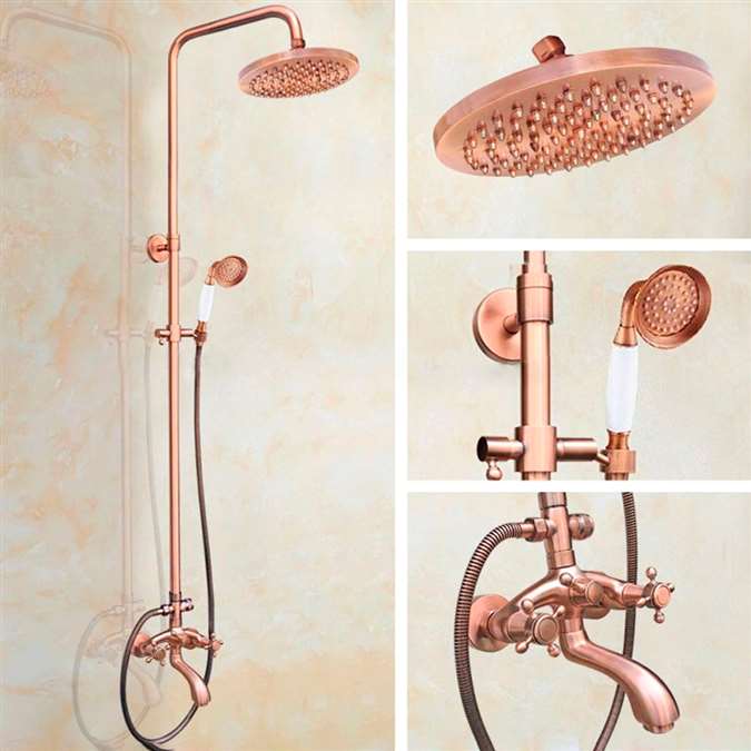 Vintage Rose Gold Dual Cross Handle 8" Rainfall Shower System with Tub Spout + Handshower