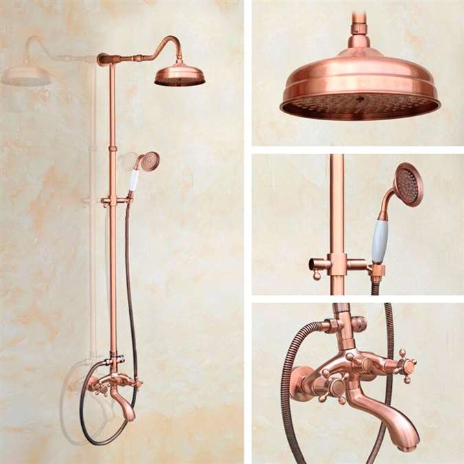 8" Vintage Rose Gold Wall Mounted Shower Set Faucet Dual Handle with Hand Sprayer Bathroom Shower Mixer
